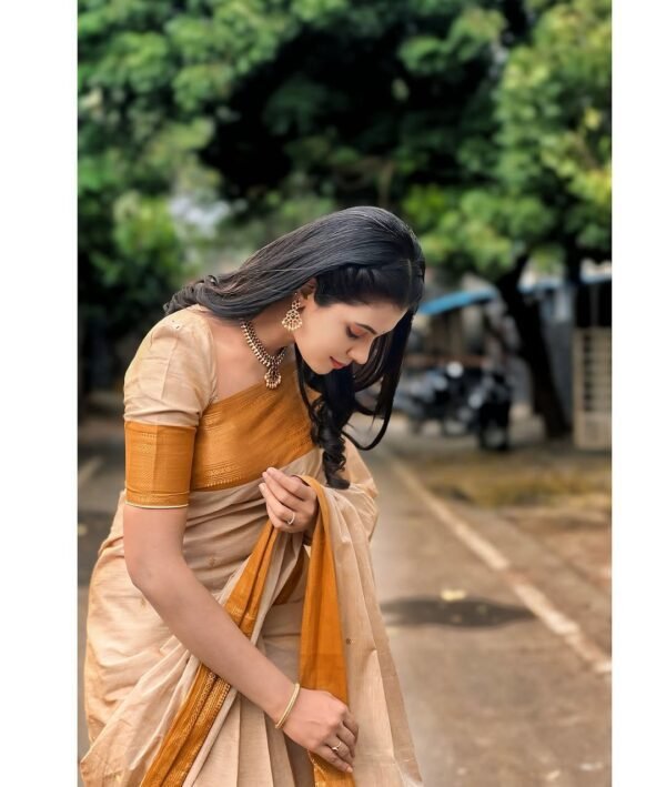 Peach Color with Golden Border Kanchi Cotton Saree