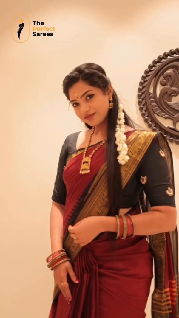 2025/10/1000152357.jpg Dark Maroon Color Saree with Black Double Border