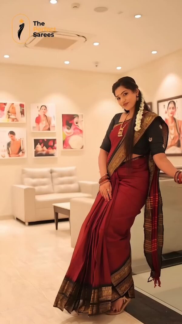 2025/10/1000152375.jpg Dark Maroon Color Saree with Black Double Border